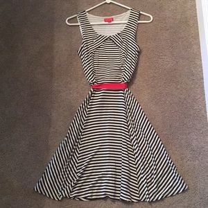 Black and white stripped with red belt short dress